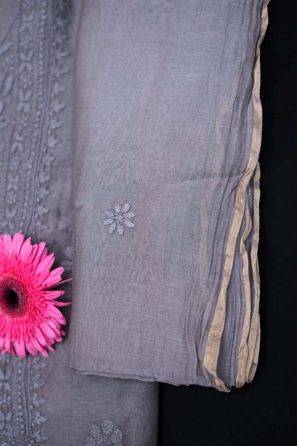'Ash Lavender' Mul Chanderi Chikankari Unstitched Suit Set