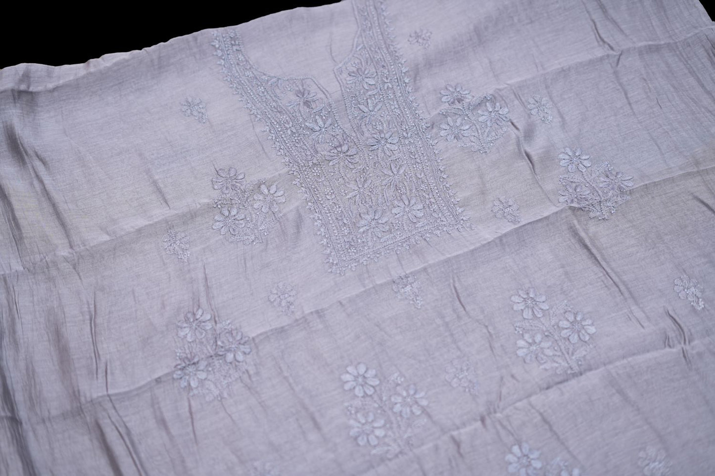 'Ash Lavender' Mul Chanderi Chikankari Unstitched Suit Set