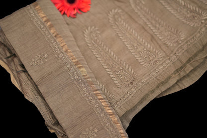 KAIRI- 'Sunlit Earth' Taupe Mul Chanderi Chikankari Unstitched Suit Set