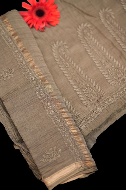 KAIRI- 'Sunlit Earth' Taupe Mul Chanderi Chikankari Unstitched Suit Set