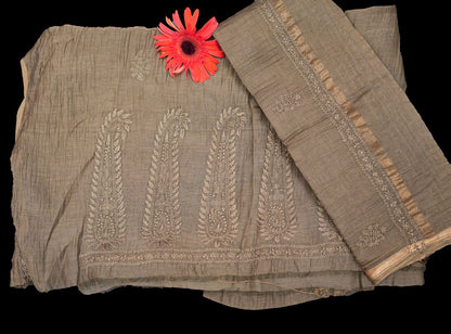 KAIRI- 'Sunlit Earth' Taupe Mul Chanderi Chikankari Unstitched Suit Set