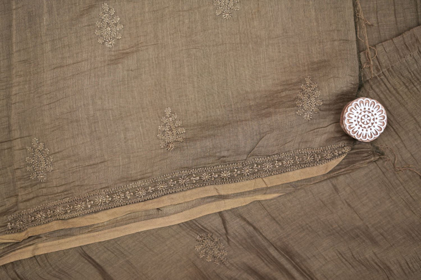 KAIRI- 'Sunlit Earth' Taupe Mul Chanderi Chikankari Unstitched Suit Set