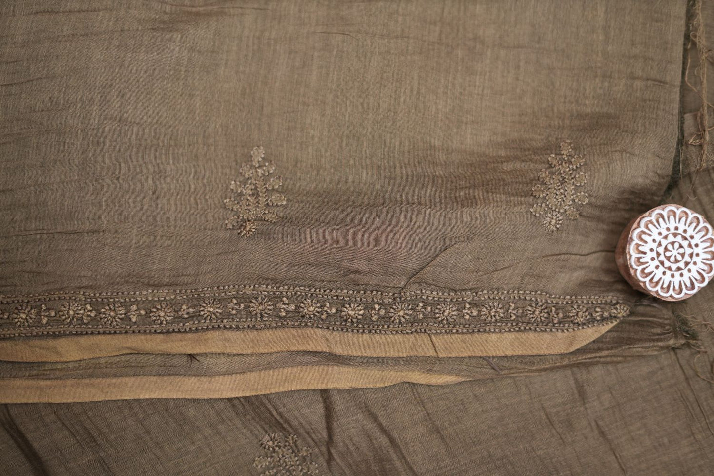 KAIRI- 'Sunlit Earth' Taupe Mul Chanderi Chikankari Unstitched Suit Set