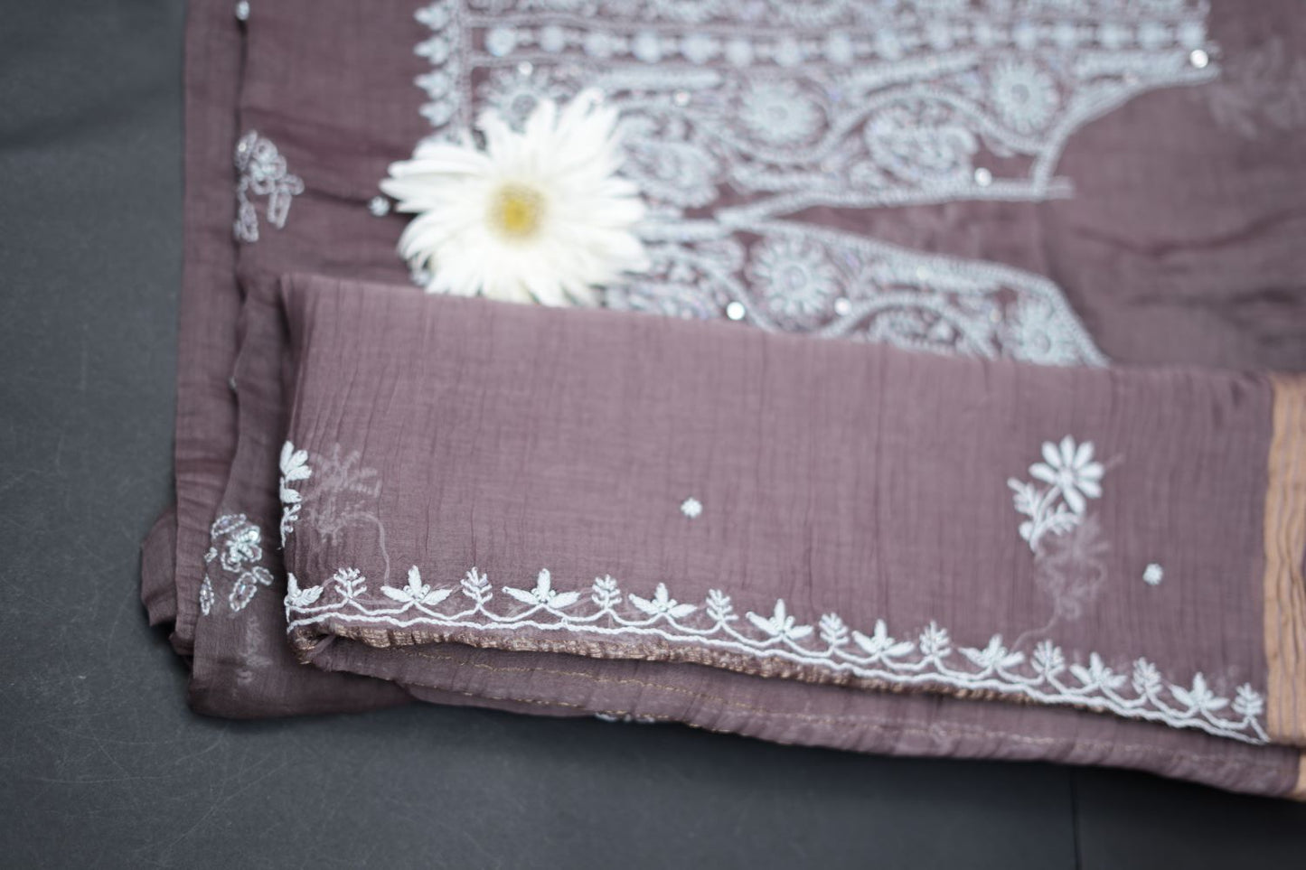'Old World Charm' Bistre Brown Hand-Embroidered Hand Embellished Mul Chanderi Chikankari Unstitched Suit Set