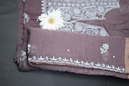 'Old World Charm' Bistre Brown Hand-Embroidered Hand Embellished Mul Chanderi Chikankari Unstitched Suit Set