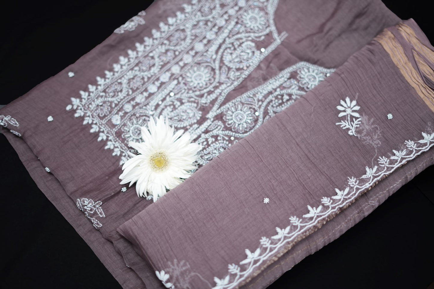 'Old World Charm' Bistre Brown Hand-Embroidered Hand Embellished Mul Chanderi Chikankari Unstitched Suit Set