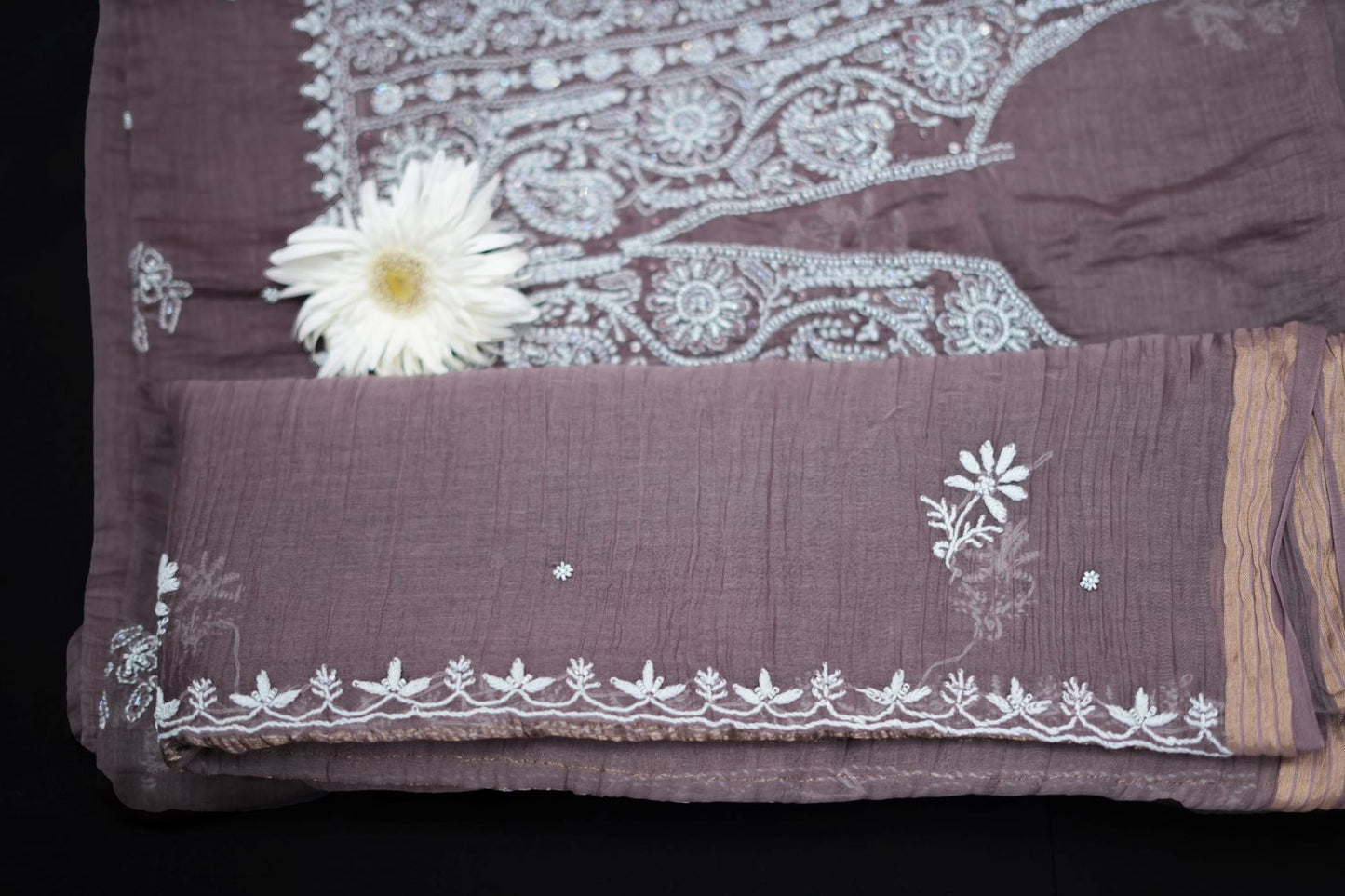 'Old World Charm' Bistre Brown Hand-Embroidered Hand Embellished Mul Chanderi Chikankari Unstitched Suit Set