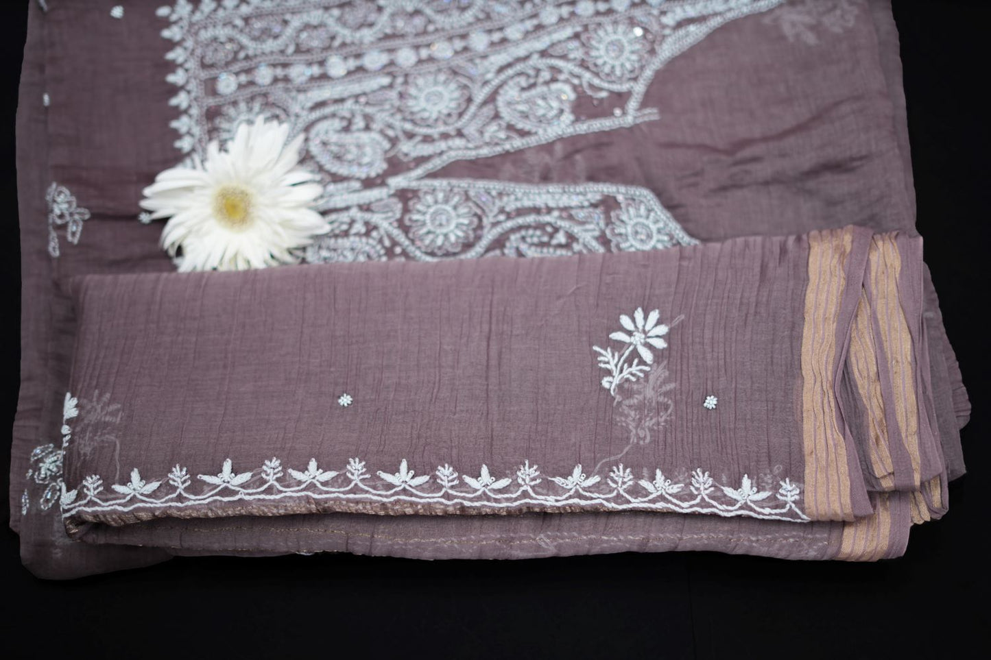 'Old World Charm' Bistre Brown Hand-Embroidered Hand Embellished Mul Chanderi Chikankari Unstitched Suit Set