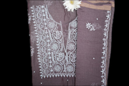 'Old World Charm' Bistre Brown Hand-Embroidered Hand Embellished Mul Chanderi Chikankari Unstitched Suit Set