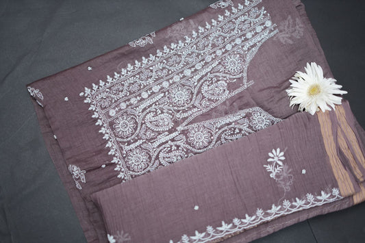 'Old World Charm' Bistre Brown Hand-Embroidered Hand Embellished Mul Chanderi Chikankari Unstitched Suit Set