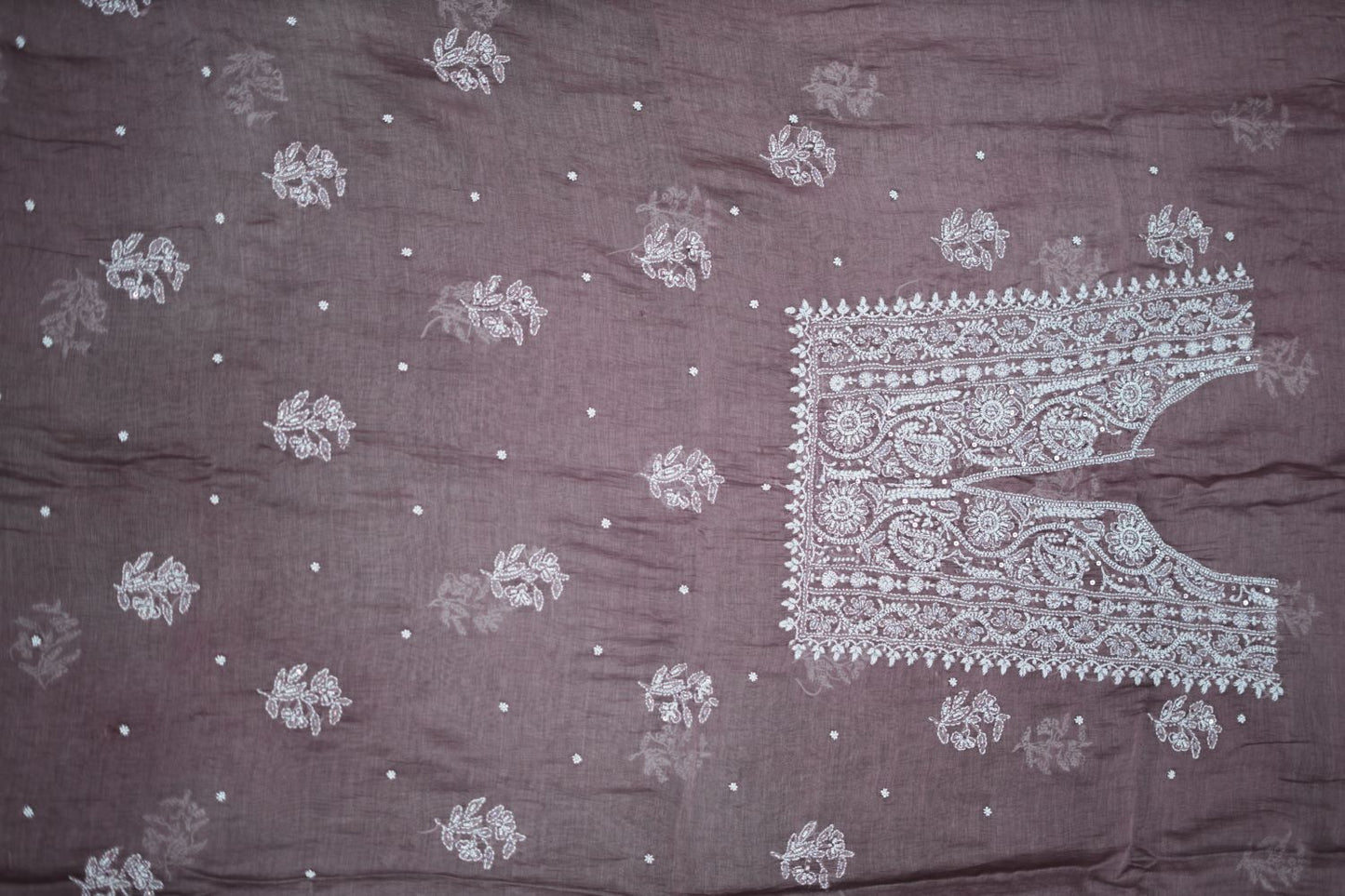 'Old World Charm' Bistre Brown Hand-Embroidered Hand Embellished Mul Chanderi Chikankari Unstitched Suit Set