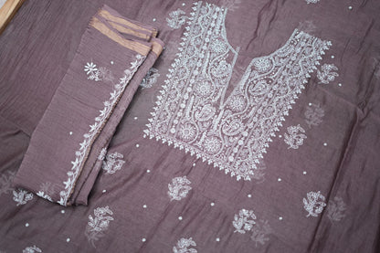 'Old World Charm' Bistre Brown Hand-Embroidered Hand Embellished Mul Chanderi Chikankari Unstitched Suit Set