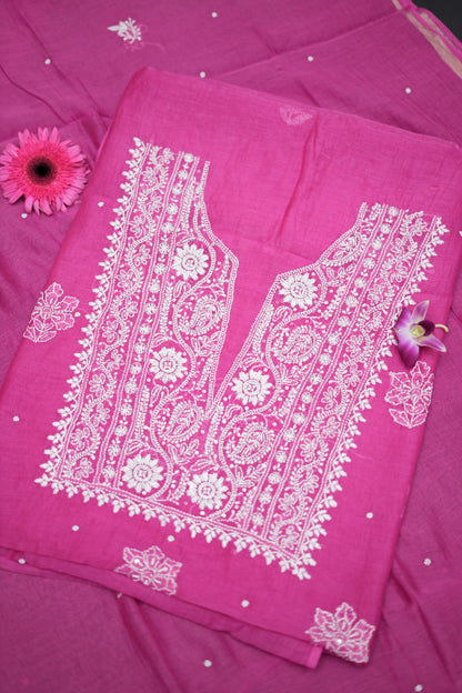 'Magenta Royale' Pink Hand-Embroidered Hand Embellished Mul Chanderi Chikankari Unstitched Suit Set