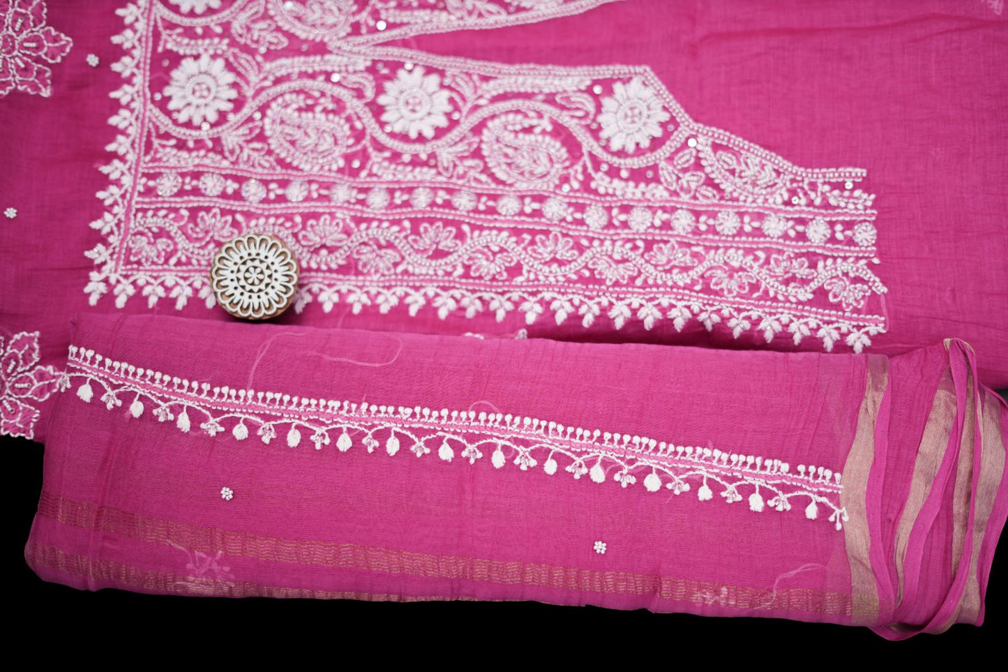 'Magenta Royale' Pink Hand-Embroidered Hand Embellished Mul Chanderi Chikankari Unstitched Suit Set