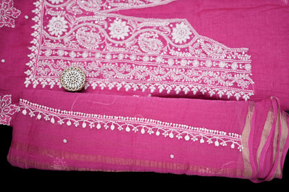 'Magenta Royale' Pink Hand-Embroidered Hand Embellished Mul Chanderi Chikankari Unstitched Suit Set
