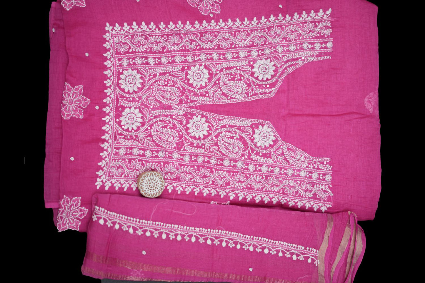 'Magenta Royale' Pink Hand-Embroidered Hand Embellished Mul Chanderi Chikankari Unstitched Suit Set