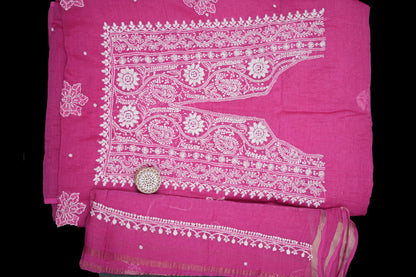 'Magenta Royale' Pink Hand-Embroidered Hand Embellished Mul Chanderi Chikankari Unstitched Suit Set