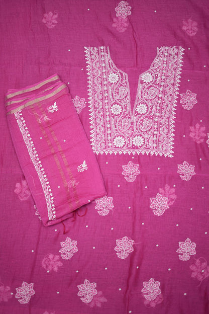 'Magenta Royale' Pink Hand-Embroidered Hand Embellished Mul Chanderi Chikankari Unstitched Suit Set