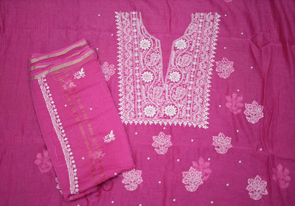 'Magenta Royale' Pink Hand-Embroidered Hand Embellished Mul Chanderi Chikankari Unstitched Suit Set