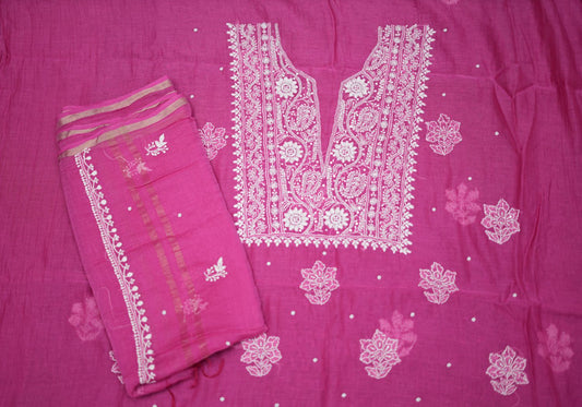 'Magenta Royale' Pink Hand-Embroidered Hand Embellished Mul Chanderi Chikankari Unstitched Suit Set