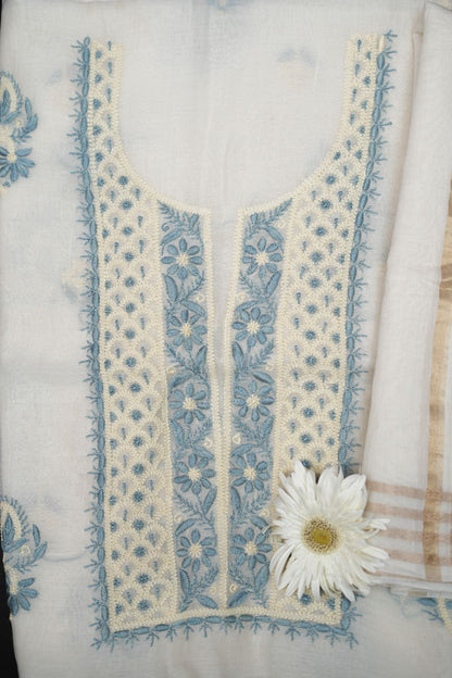 'Antique Pastels' Multicolor embroidered Off White Mul Chanderi Unstitched Chikankari Suit Set