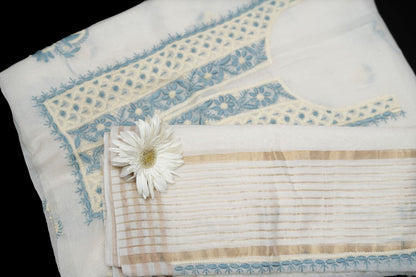 'Antique Pastels' Multicolor embroidered Off White Mul Chanderi Unstitched Chikankari Suit Set