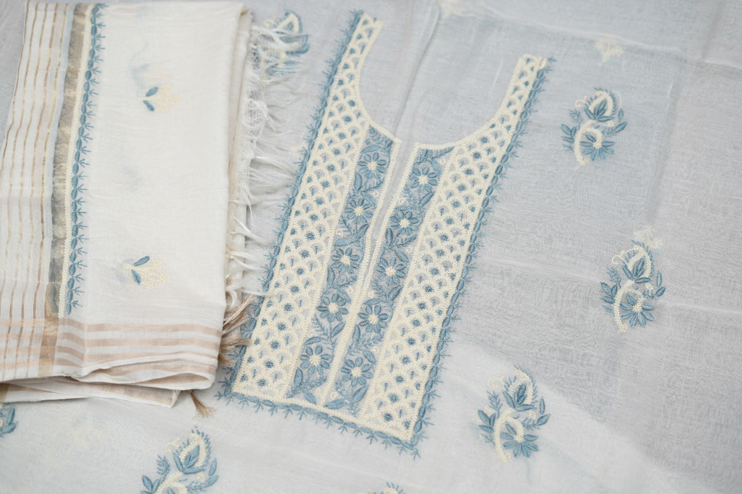 'Antique Pastels' Multicolor embroidered Off White Mul Chanderi Unstitched Chikankari Suit Set