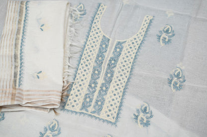 'Antique Pastels' Multicolor embroidered Off White Mul Chanderi Unstitched Chikankari Suit Set