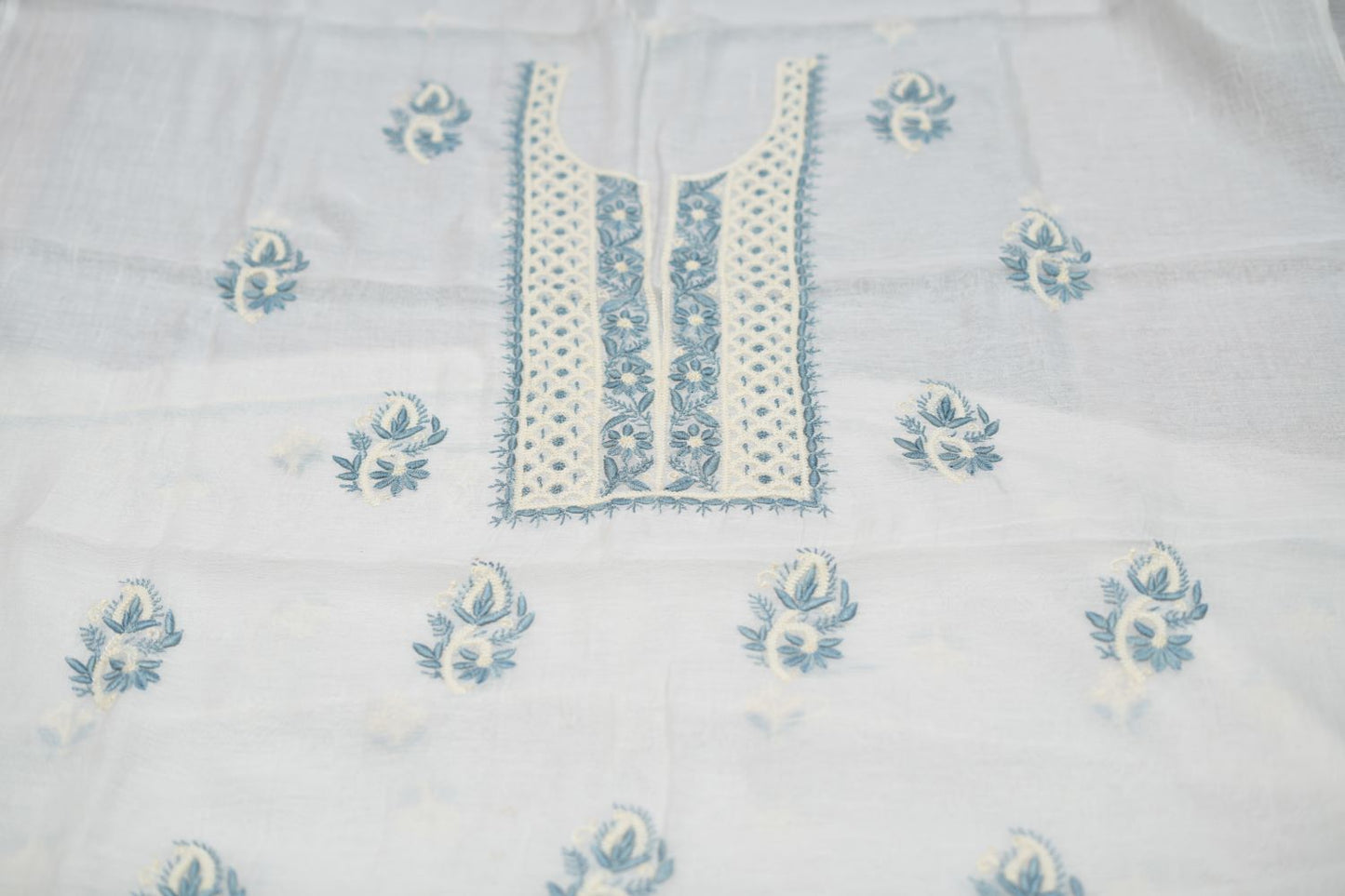 'Antique Pastels' Multicolor embroidered Off White Mul Chanderi Unstitched Chikankari Suit Set
