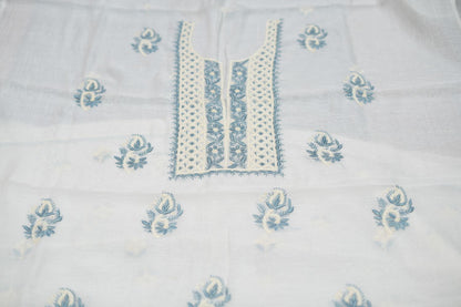 'Antique Pastels' Multicolor embroidered Off White Mul Chanderi Unstitched Chikankari Suit Set