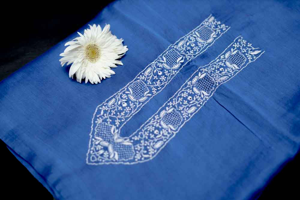 Royal Blue Chanderi Chikankari Unstitched Chikankari Gents Kurta Fabric