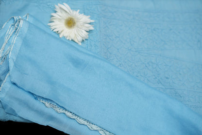 'Smoked Blue' Mul Cotton Unstitched Chikankari Suit set