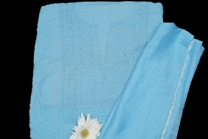 'Smoked Blue' Mul Cotton Unstitched Chikankari Suit set