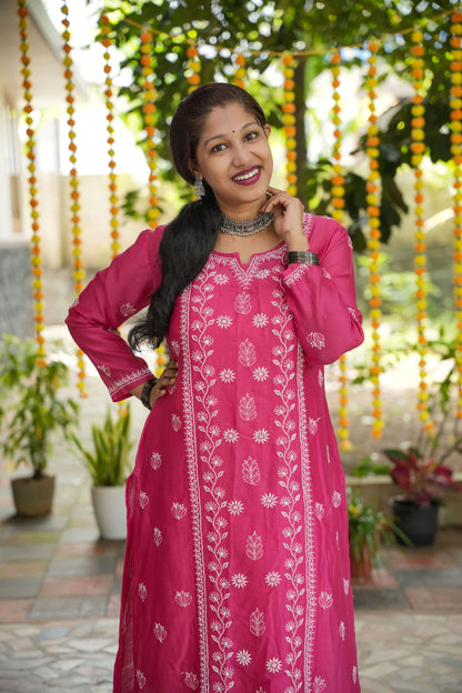 'Festive Pink' Mul-chanderi Chikankari Long Kurti