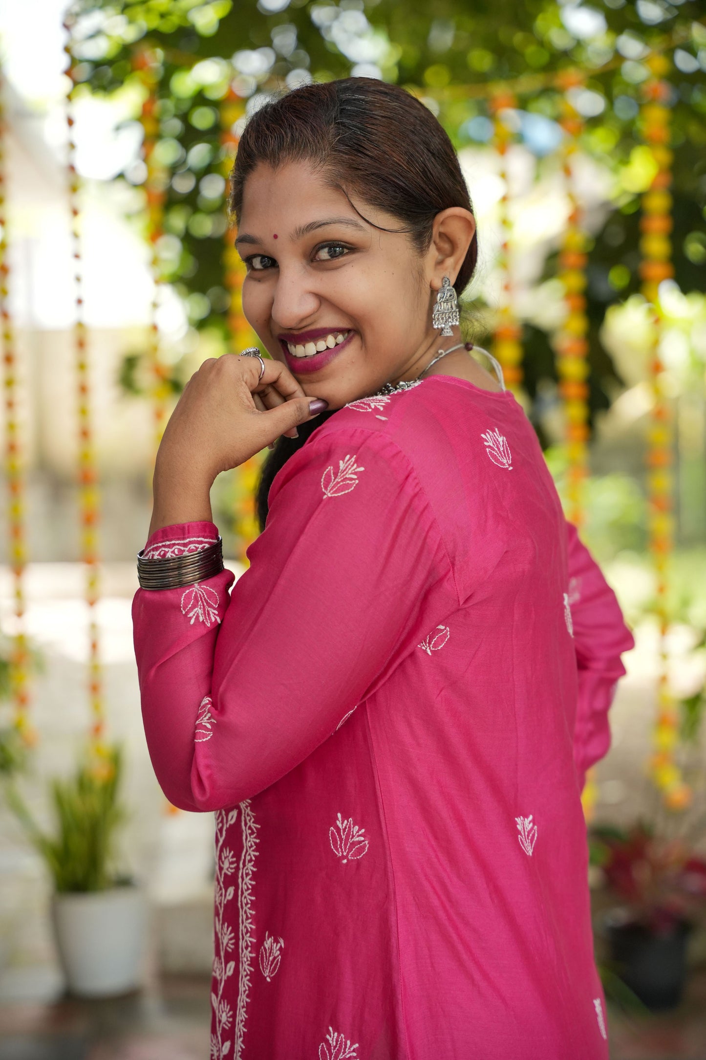 'Festive Pink' Mul-chanderi Chikankari Long Kurti