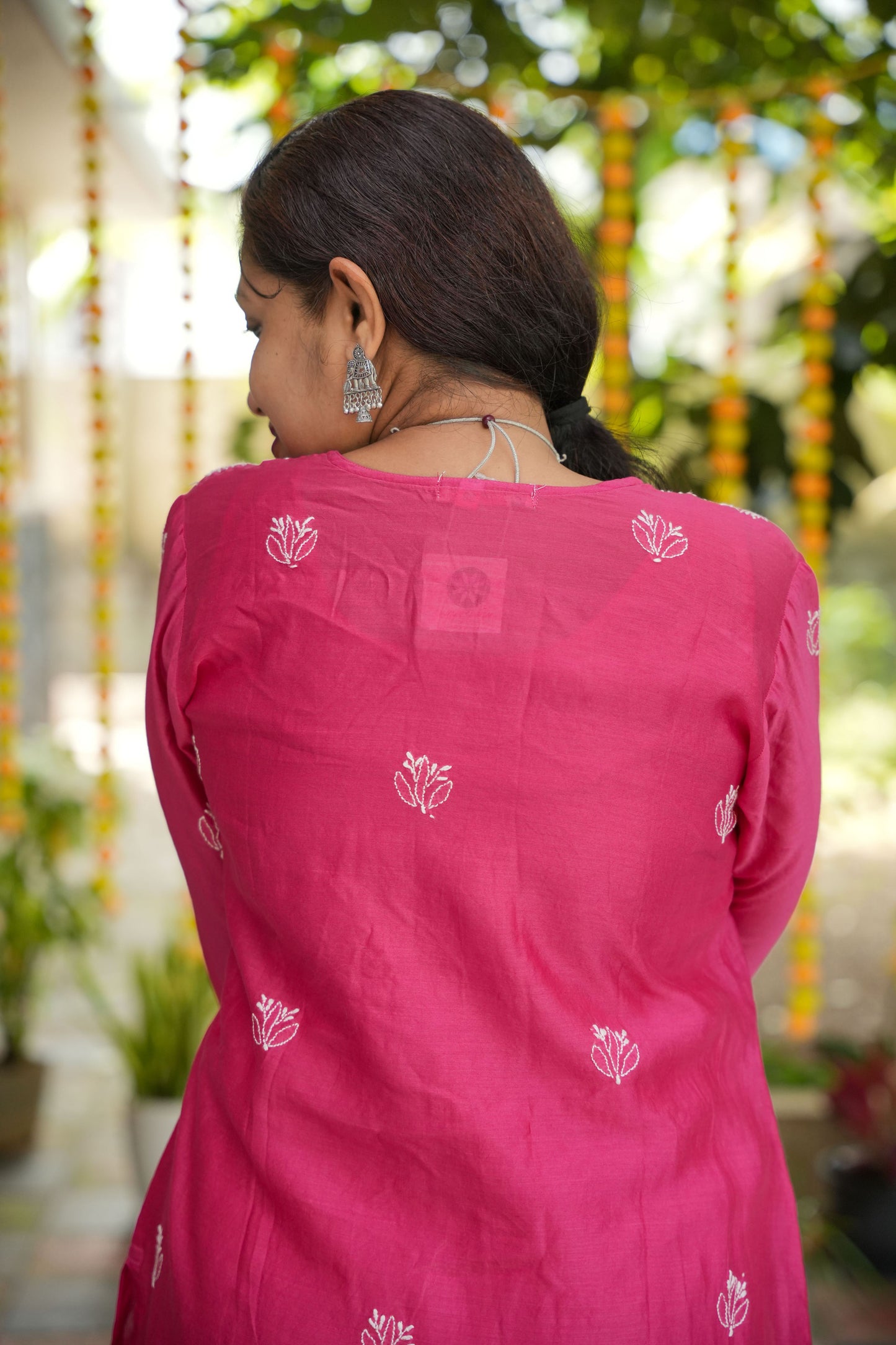 'Festive Pink' Mul-chanderi Chikankari Long Kurti
