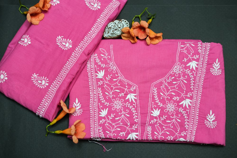 Lotus Pink Cotton Unstitched Chikankari Kurta Pant Set