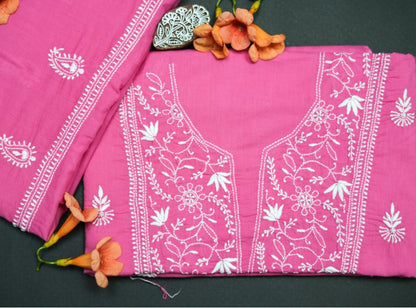 Lotus Pink Cotton Unstitched Chikankari Kurta Pant Set