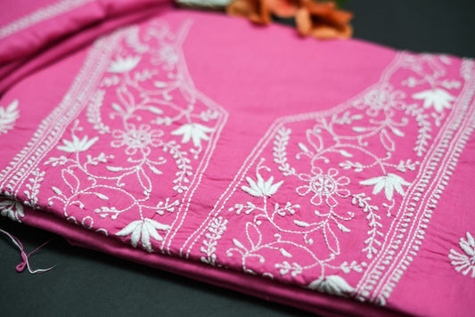Lotus Pink Cotton Unstitched Chikankari Kurta Pant Set