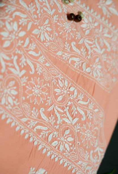 Cozy Peach Cotton Unstitched Chikankari Kurta fabric