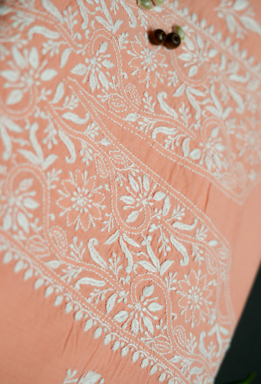 Cozy Peach Cotton Unstitched Chikankari Kurta fabric