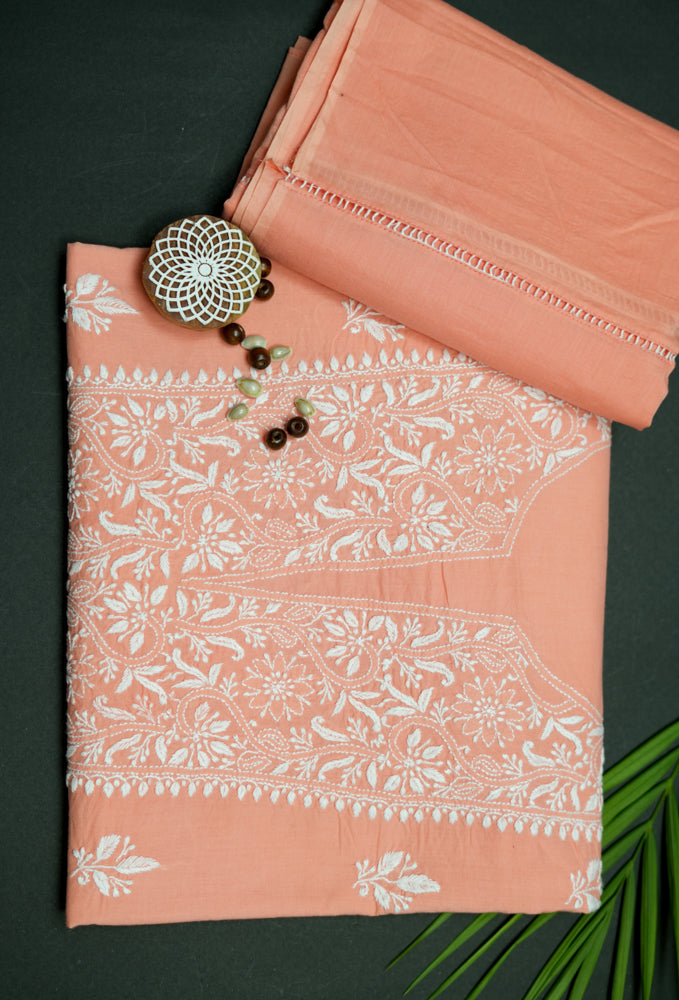 Cozy Peach Cotton Unstitched Chikankari Kurta fabric