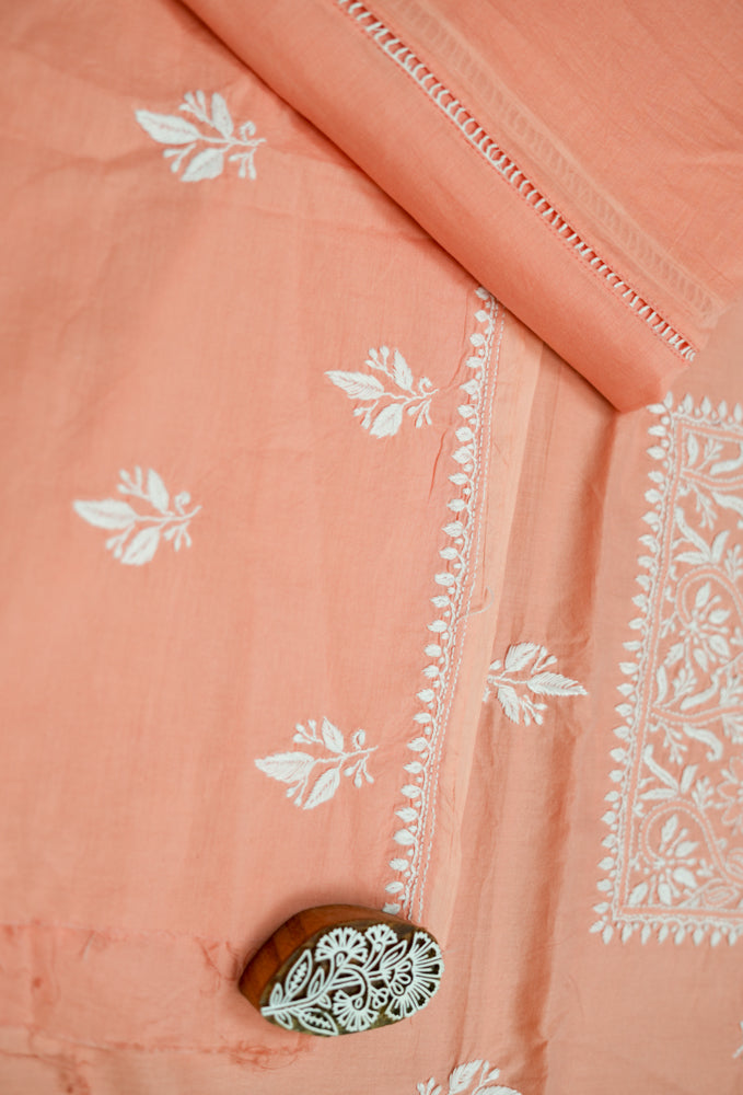 Cozy Peach Cotton Unstitched Chikankari Kurta fabric