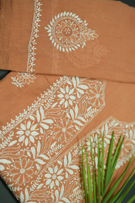 Dusky Apricot Mul Cotton Unstitched Chikankari Suit Set