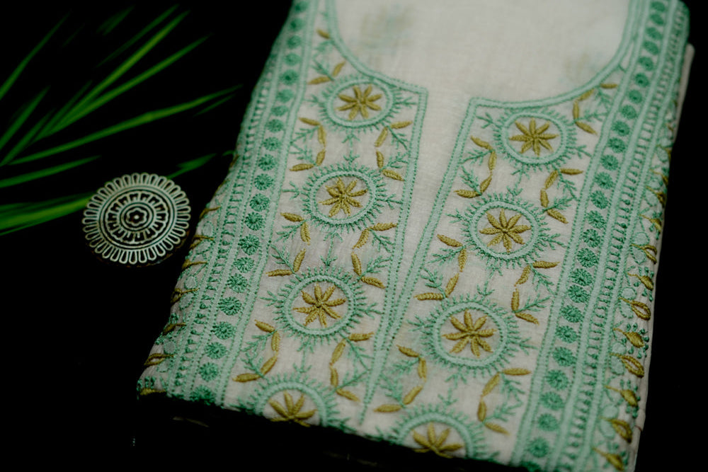 Nude Pink Base Vintage dual shade contrast embroidered  Mul Chanderi Unstitched Chikankari Suit Set