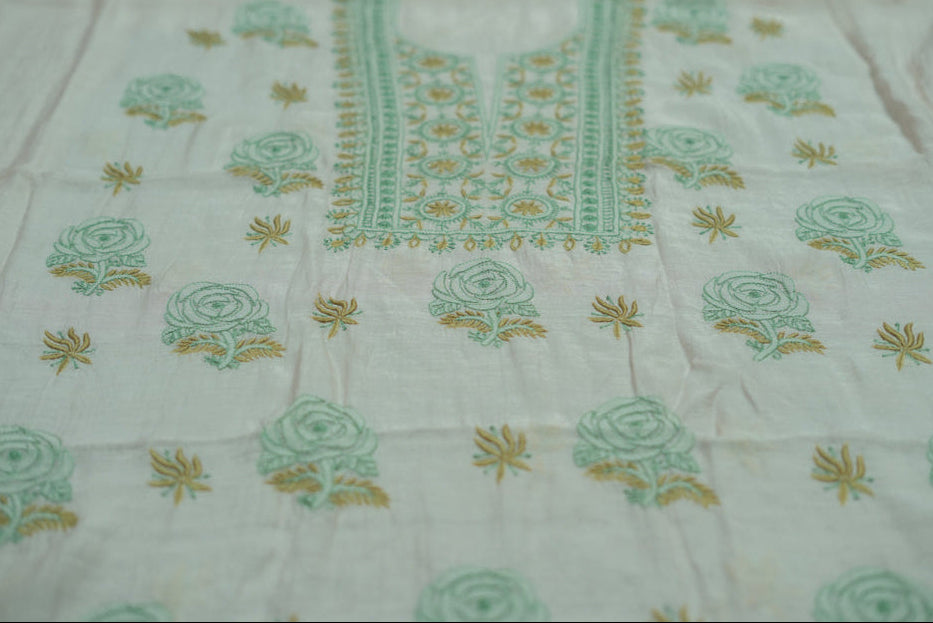 Nude Pink Base Vintage dual shade contrast embroidered  Mul Chanderi Unstitched Chikankari Suit Set