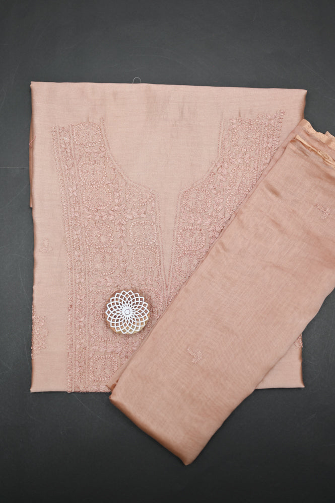 'Blush Sand' Chanderi(Cotton Silk) Unstitched Chikankari suit set