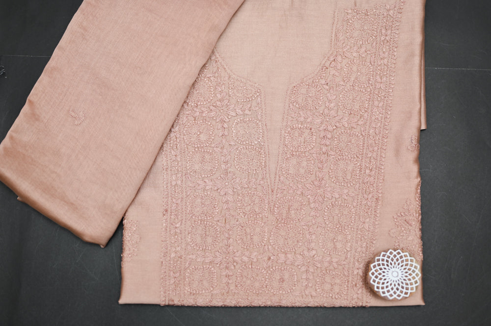 'Blush Sand' Chanderi(Cotton Silk) Unstitched Chikankari suit set