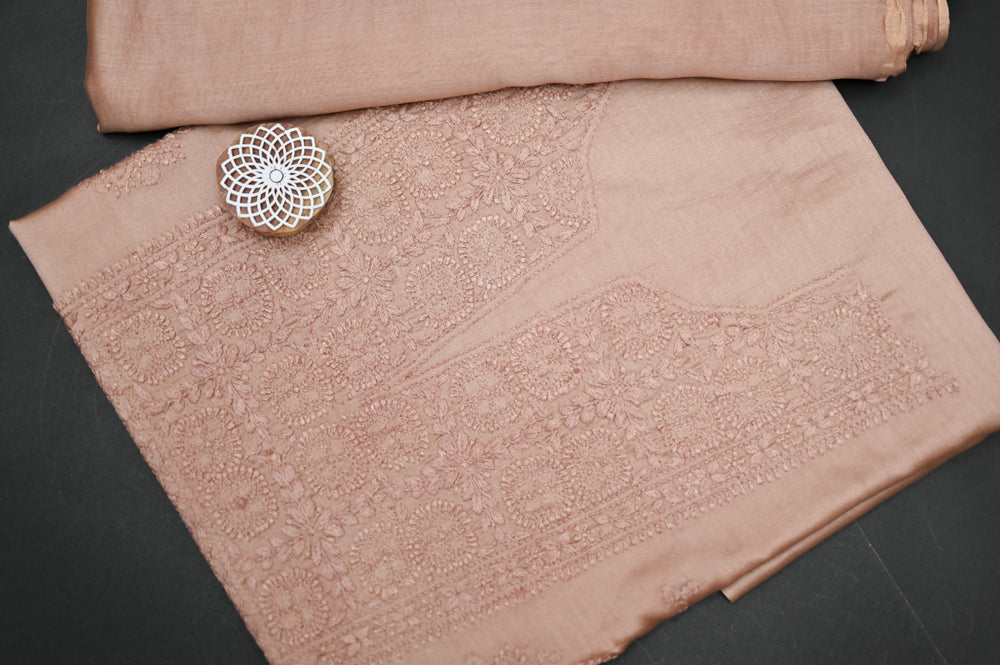 'Blush Sand' Chanderi(Cotton Silk) Unstitched Chikankari suit set