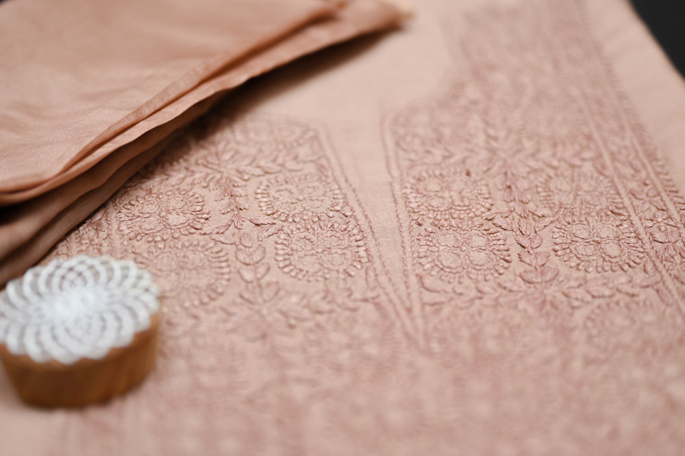 'Blush Sand' Chanderi(Cotton Silk) Unstitched Chikankari suit set